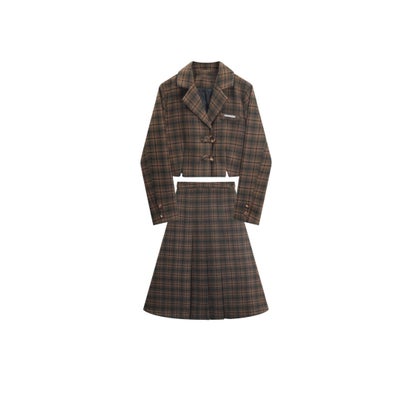 ラポミ プチ LA POMME petit Plaid Short Coat Set Up  チェック柄ショートコートセットアップ （Brown）｜詳細画像