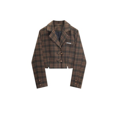 ラポミ プチ LA POMME petit Plaid Short Coat Set Up  チェック柄ショートコートセットアップ （Brown）｜詳細画像