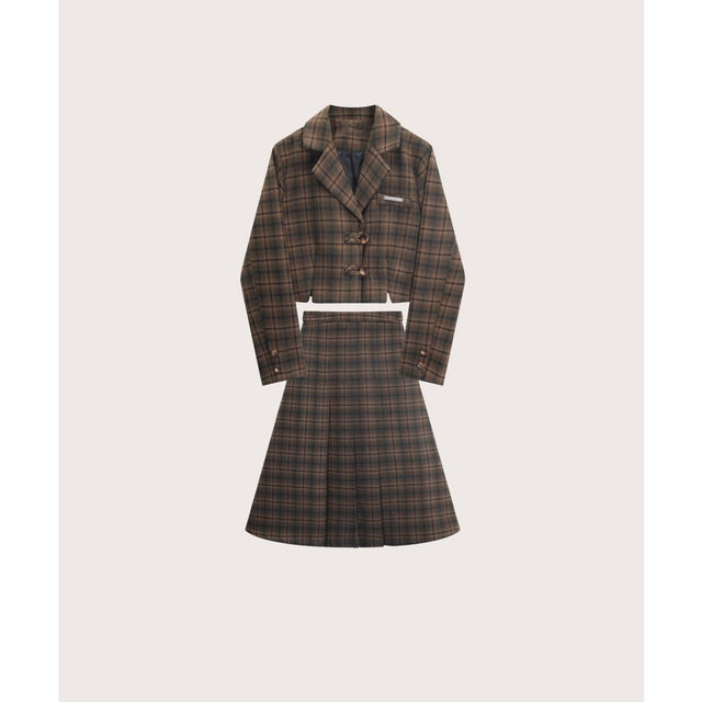 Plaid Short Coat Set Up  チェック柄ショートコートセットアップ （Brown）
