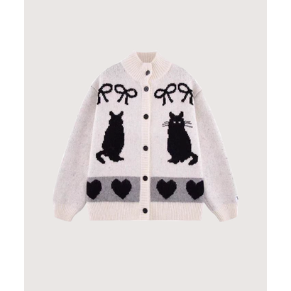 ラポミ プチ LA POMME petit Animal Jacquard Cardigan （White）｜詳細画像