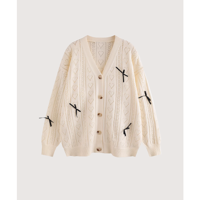 Heart Embroidery Ribbon Cardigan （Apricot）