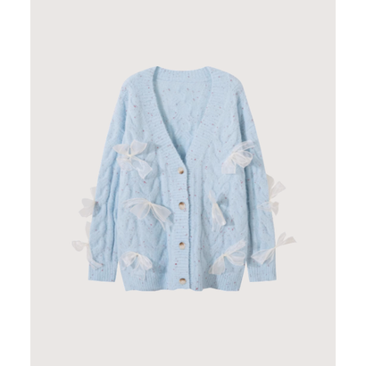 ラポミ プチ LA POMME petit Mesh Ribbon Jeresy Cardigan （Blue）｜詳細画像