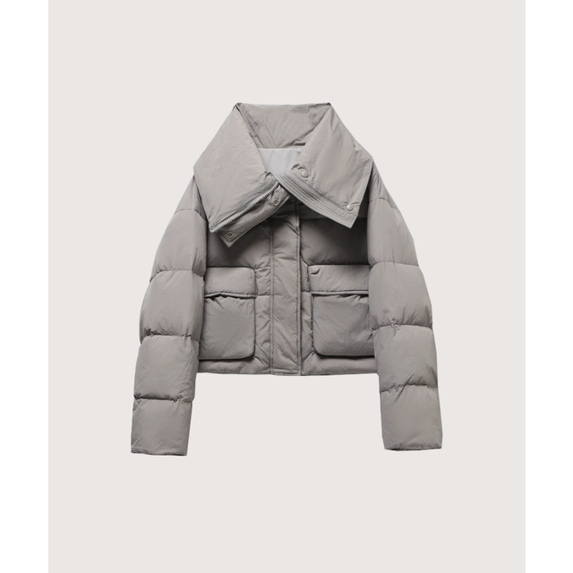 Big Lapel Collar Short Duck Down Jacket （Gray）