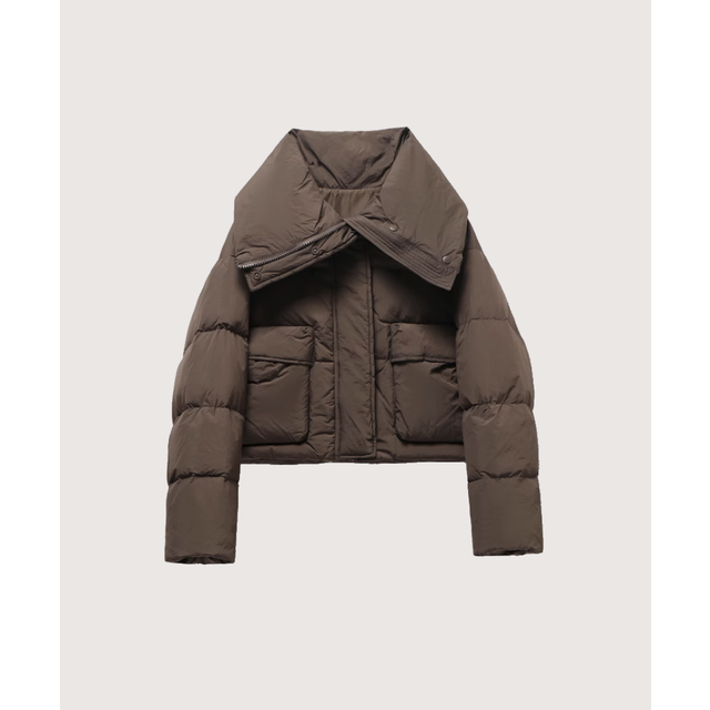 Big Lapel Collar Short Duck Down Jacket （Brown）