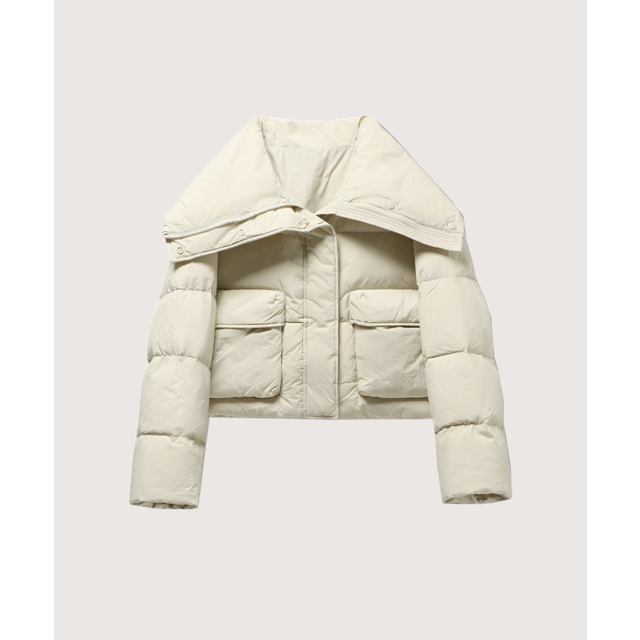 Big Lapel Collar Short Duck Down Jacket （White）