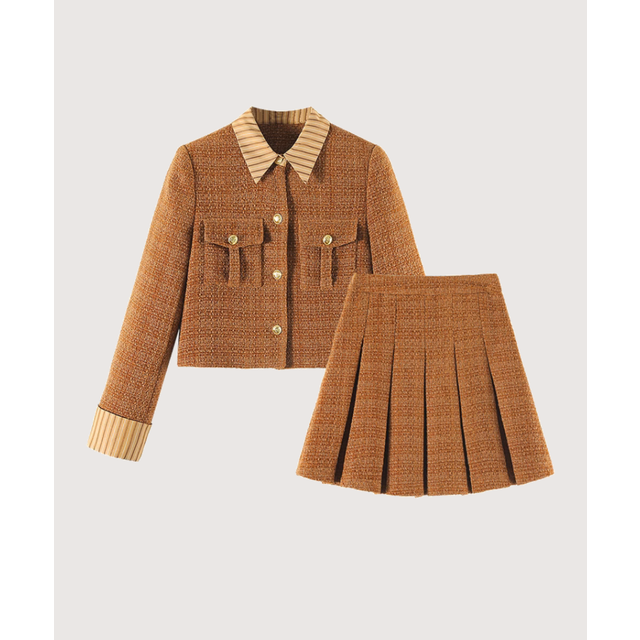 Patchwork Tweed Down Jacket Set Up （Brown）