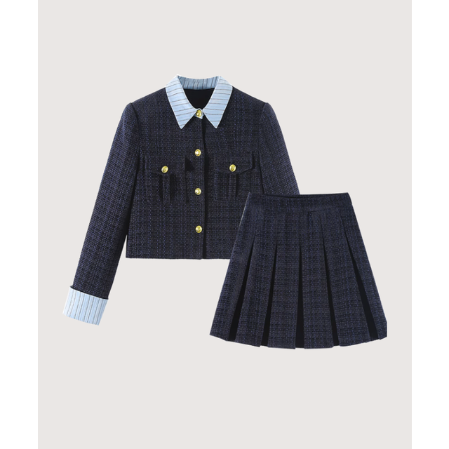 Patchwork Tweed Down Jacket Set Up （Navy）