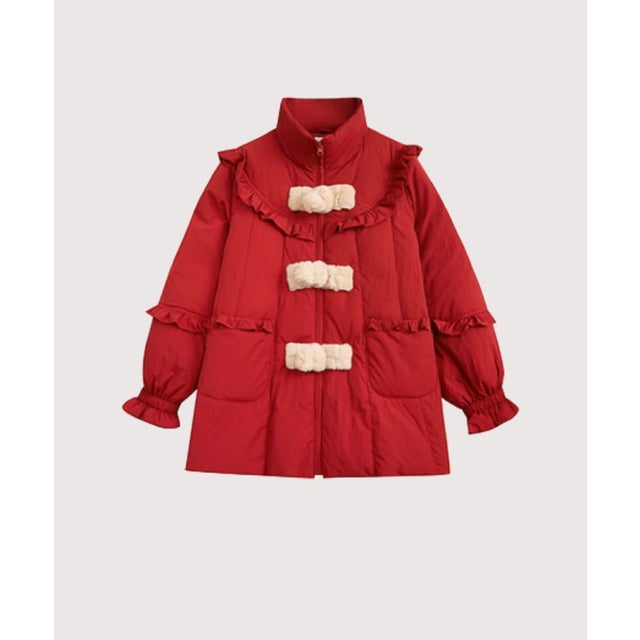 Fluffy Buckle Frill Duck Down Coat （Red）