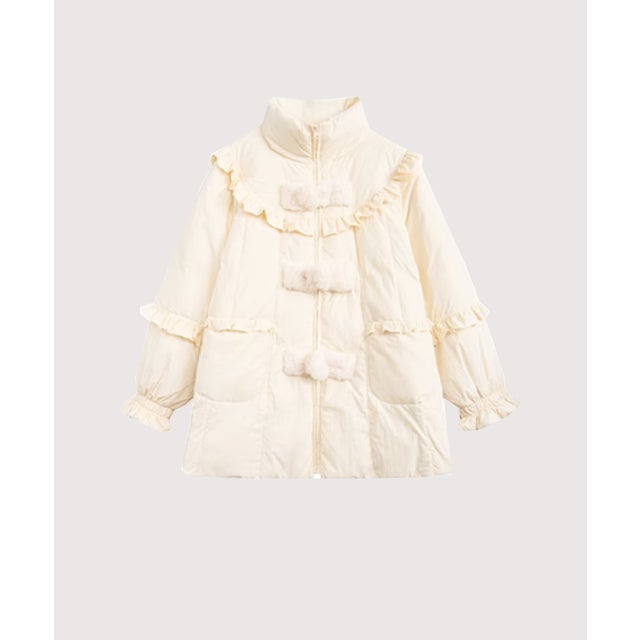Fluffy Buckle Frill Duck Down Coat （Ivory）