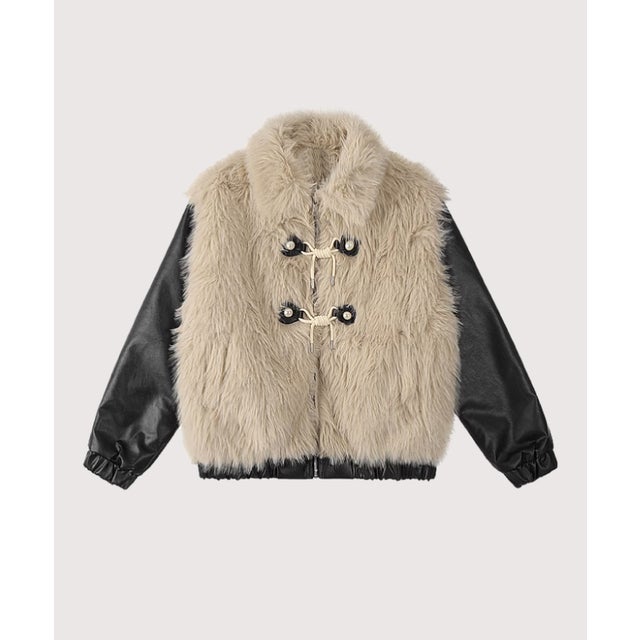 Fluffy Patchwork Down Coat （Beige）
