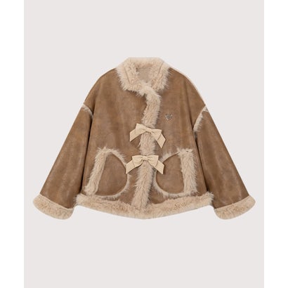 ラポミ プチ LA POMME petit Cozy Fluffy Cute Ribbon Short Coat （Coffee）｜詳細画像