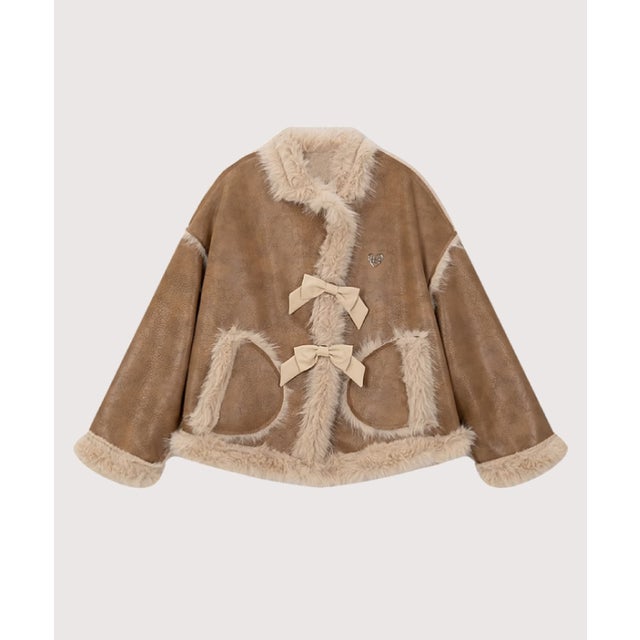 Cozy Fluffy Cute Ribbon Short Coat （Coffee）