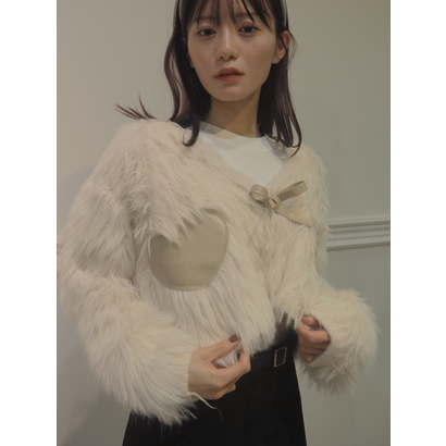 ラポミ プチ LA POMME petit Fuzzy Heart Applique Cardigan シャギーファーハートカーディガン （Pink）｜詳細画像
