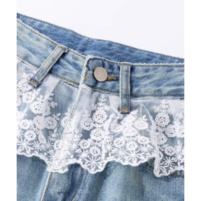 ラポミ プチ LA POMME petit Wide Denim Pants With Lace Apron （Blue）｜詳細画像