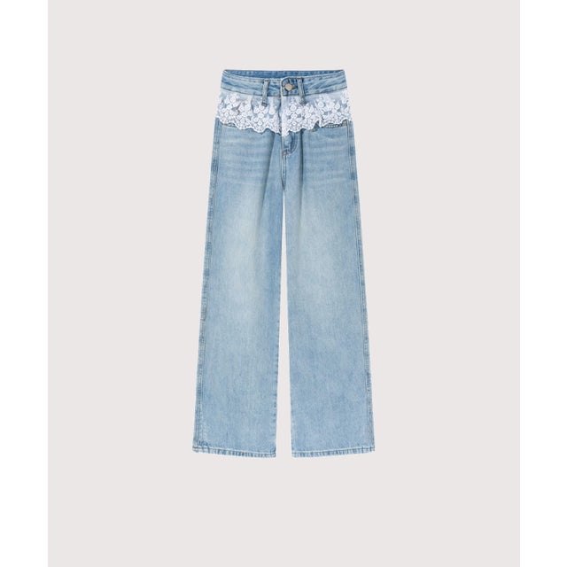 Wide Denim Pants With Lace Apron （Blue）