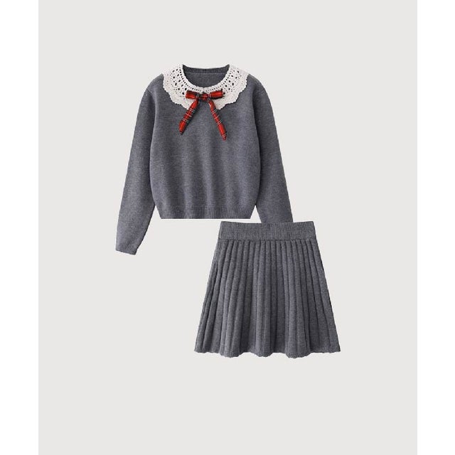Preppy Lace Collar Knit Set Up （Gray）