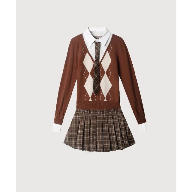 Fake Two Argyle Knit Set Up （Brown）