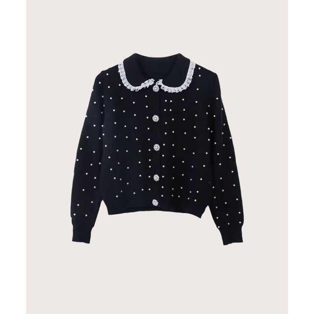 Lace Frill Beading Knit レースフリルビーズニット （Black）