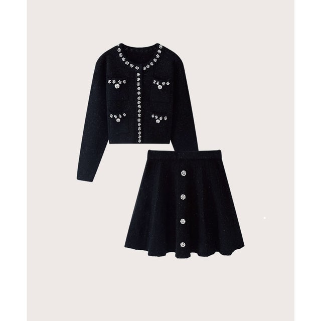 Beaded Flower Style Knit Set-Up  ビーズフラワー風ニットセットアップ （Black）
