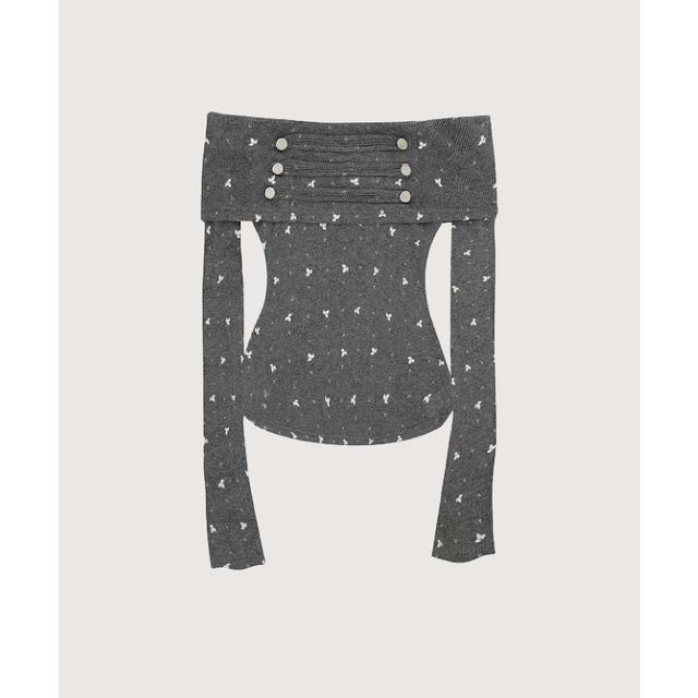 Off Shoulder Draped Button Knit Top/オフショルダードレープボタンニットトップス （Gray）