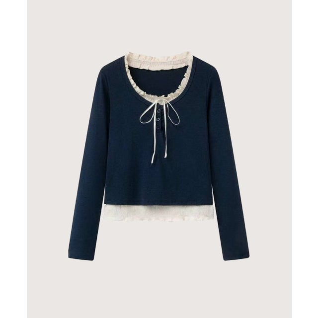 Ruffle Trim Tie Top/ラッフルトリムタイトップ （Navy）