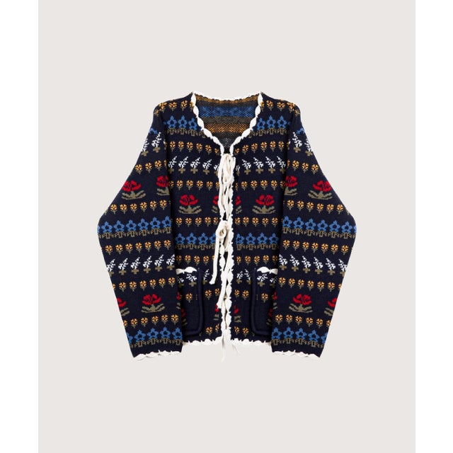 Scallop Trim Lace Up Floral Jacquard Cardigan/スカラップトリム レースアップ花柄ジャカードカーディガン （Navy）