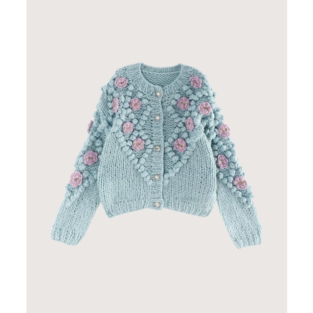 Pastel Blue Flower Embroidery Cardigan/パステルブルー花柄刺繍カーディガン （Blue）