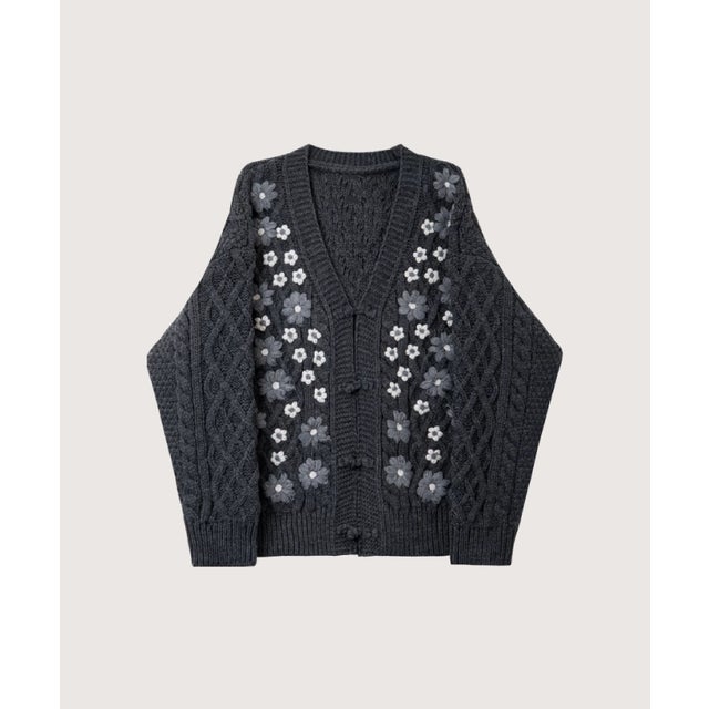 Texture Embroidered_ Floral Cable Caridgan/刺繍入りフローラルケーブルニットカーディガン （Gray）