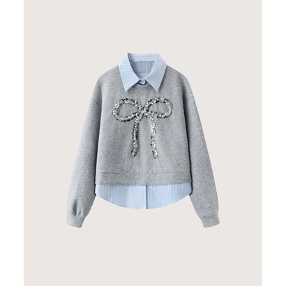 Sequin Bow Fake Two Sweatshirt Set Up/スパンコールリボンフェイクレイヤードスウェットセットアップ （Gray）｜詳細画像