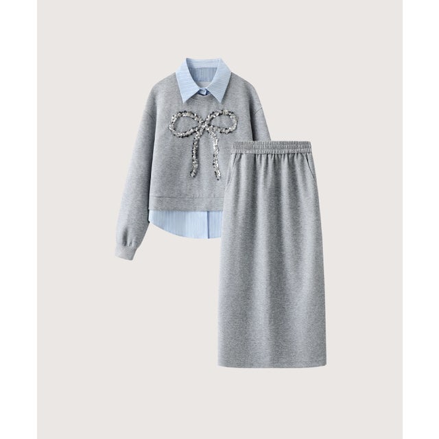Sequin Bow Fake Two Sweatshirt Set Up/スパンコールリボンフェイクレイヤードスウェットセットアップ （Gray）