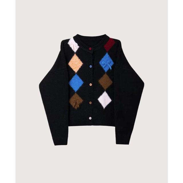 Colored Argyle Bow Cardigan/カラーアーガイル柄ボウタイ付きカーディガン （Black）