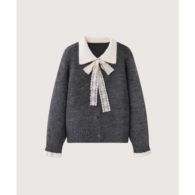 Lace Bow Peter Pan Collar Cardigan/レースリボンピーターパンカラーカーディガン （Gray）