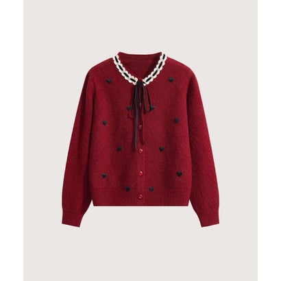 Heart Embroidery Lace Trim Bow Cardigan/ハート刺繍レーストリムリボン付きカーディガン （Red）｜詳細画像