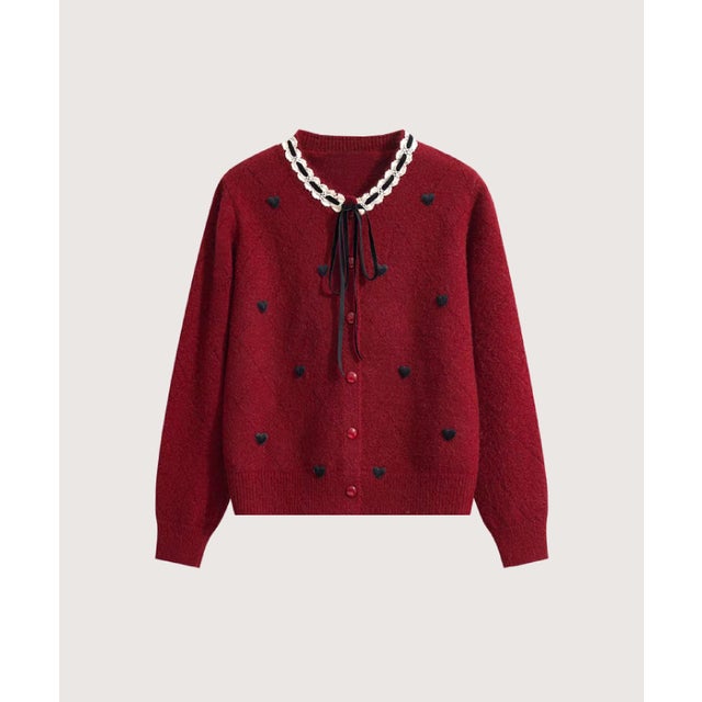 Heart Embroidery Lace Trim Bow Cardigan/ハート刺繍レーストリムリボン付きカーディガン （Red）
