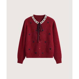 Heart Embroidery Lace Trim Bow Cardigan/ハート刺繍レーストリムリボン付きカーディガン （Red）