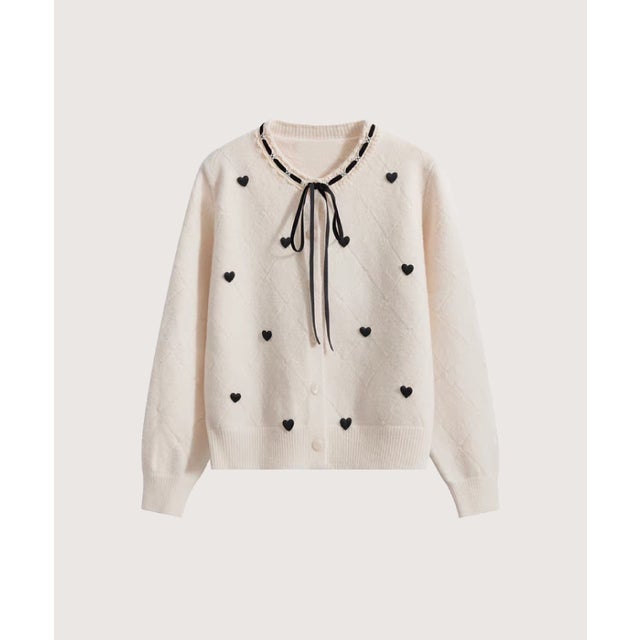 Heart Embroidery Lace Trim Bow Cardigan/ハート刺繍レーストリムリボン付きカーディガン （Apricot）