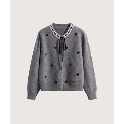 Heart Embroidery Lace Trim Bow Cardigan/ハート刺繍レーストリムリボン付きカーディガン （Gray）｜詳細画像