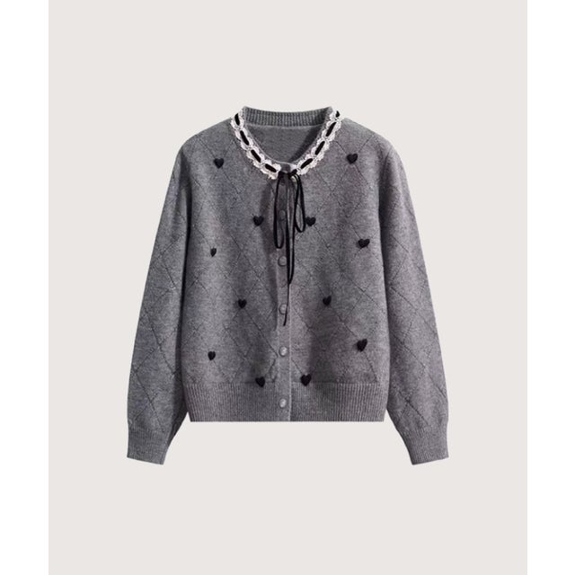Heart Embroidery Lace Trim Bow Cardigan/ハート刺繍レーストリムリボン付きカーディガン （Gray）