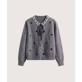 Heart Embroidery Lace Trim Bow Cardigan/ハート刺繍レーストリムリボン付きカーディガン （Gray）