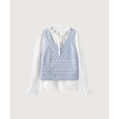 Hollow Knit Vest Ruffled Tie Blouse Set Up/透かし編みニットベストラッフルタイブラウスセットアップ （Blue）｜詳細画像