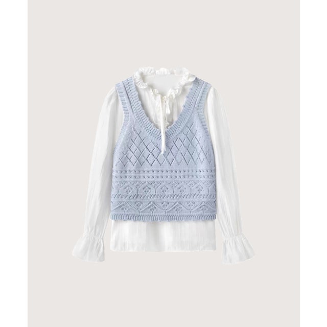 Hollow Knit Vest Ruffled Tie Blouse Set Up/透かし編みニットベストラッフルタイブラウスセットアップ （Blue）