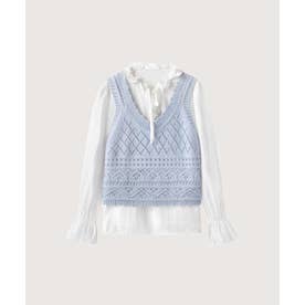 Hollow Knit Vest Ruffled Tie Blouse Set Up/透かし編みニットベストラッフルタイブラウスセットアップ （Blue）