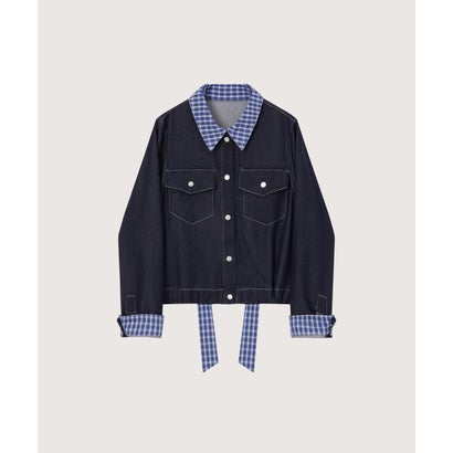 ラポミ プチ LA POMME petit Check Stitching Denim Jacket Set Up/チェックステッチデニムジャケットセットアップ （Blue）｜詳細画像