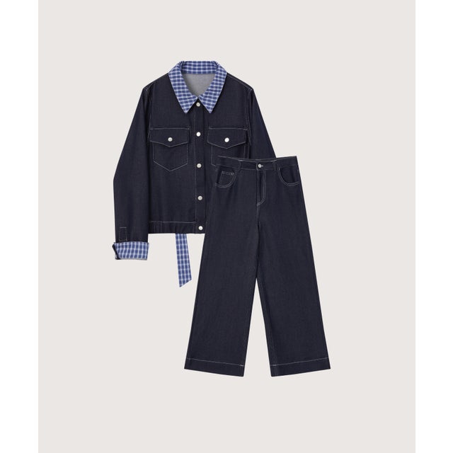Check Stitching Denim Jacket Set Up/チェックステッチデニムジャケットセットアップ （Blue）