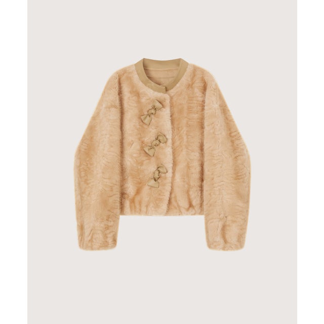 Cropped Bow Faux Fur Coat/ボウ付きフェイクファーコート （Beige）
