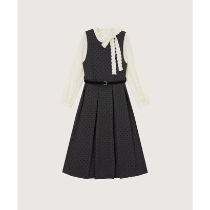 Polka Dot Dress Lace Bow Blouse Set Up/ドット柄ワンピース＆レースリボンブラウスセットアップ （Gray）｜詳細画像