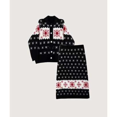 ラポミ プチ LA POMME petit Snowflake Jacquard Fair Isle Cardigan Midi Skirt Set Up/スノーフレーク柄ジャカードフェアアイルカーディガンミディスカーセット （Black）｜詳細画像