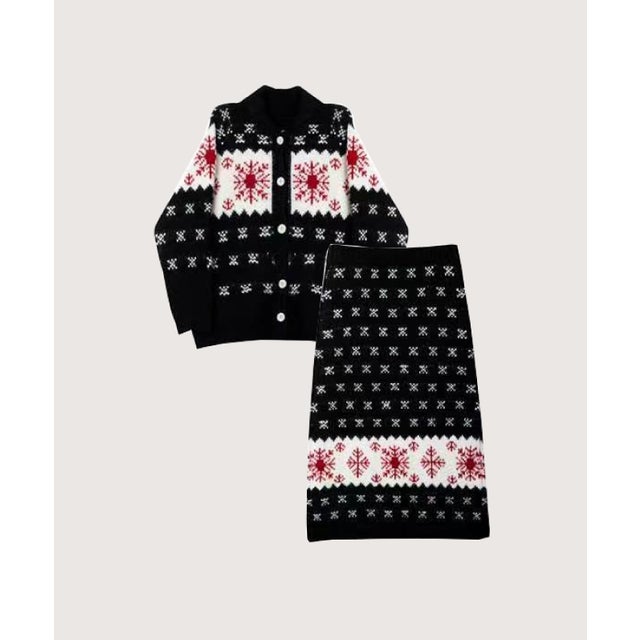 Snowflake Jacquard Fair Isle Cardigan Midi Skirt Set Up/スノーフレーク柄ジャカードフェアアイルカーディガンミディスカーセット （Black）