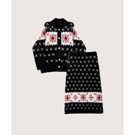 Snowflake Jacquard Fair Isle Cardigan Midi Skirt Set Up/スノーフレーク柄ジャカードフェアアイルカーディガンミディスカーセット （Black）