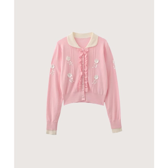 Flower Applique Front Ruffle Cardigan/フロントラッフルフラワーアップリケカーディガン （Pink）